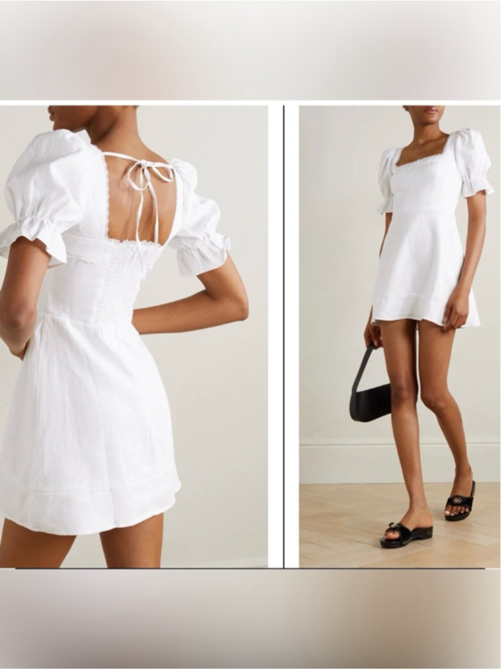 Reformation Evianna Linen Mini Dress White Lace Trim Puff Sleeve Size 6